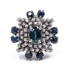 Vintage Ring In 18k White Gold With Sapphires And Diamonds (0.48 Ct)