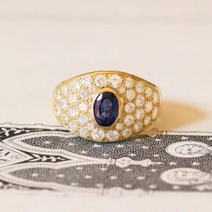 Bague Vintage En Or 18 K Avec Saphir (environ 1 Ct) Et Diamants (environ 1.50 Ct)