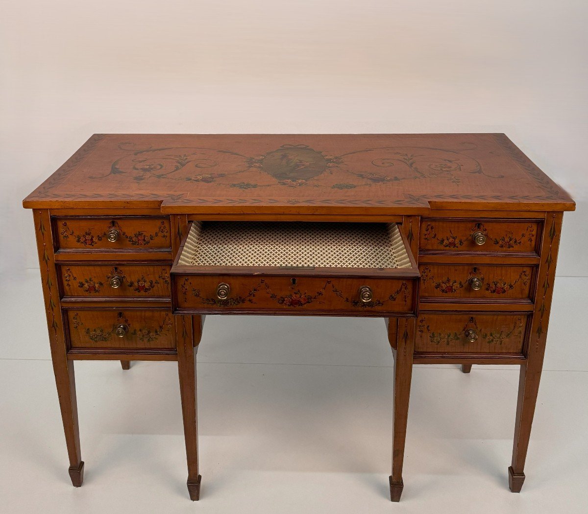 Bureau En Satinwood Peint En Polychrome, Angleterre, XIXème Siècle-photo-3