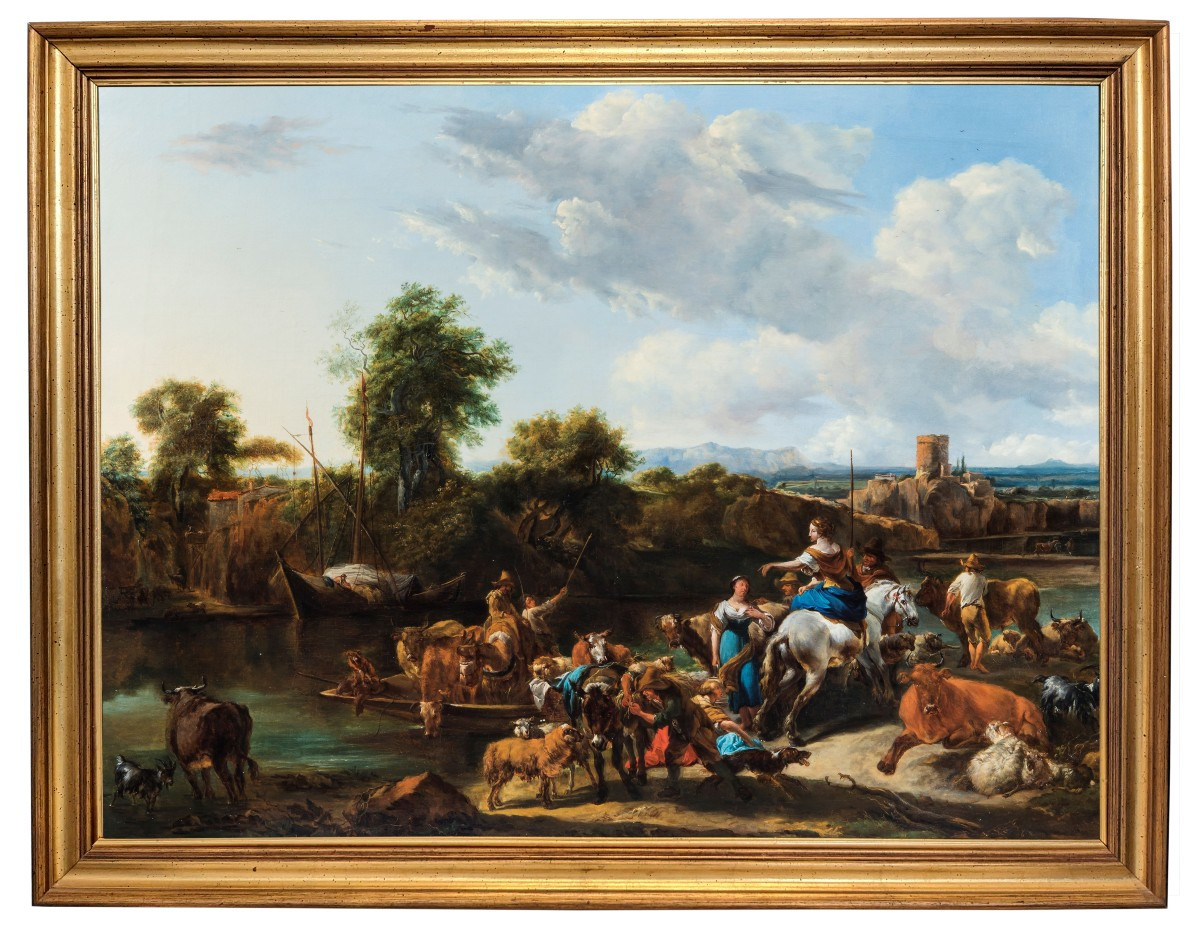 Nicolas Berchem  "les Bergers Traversant La Rivière Avec Leurs  Troupeaux"