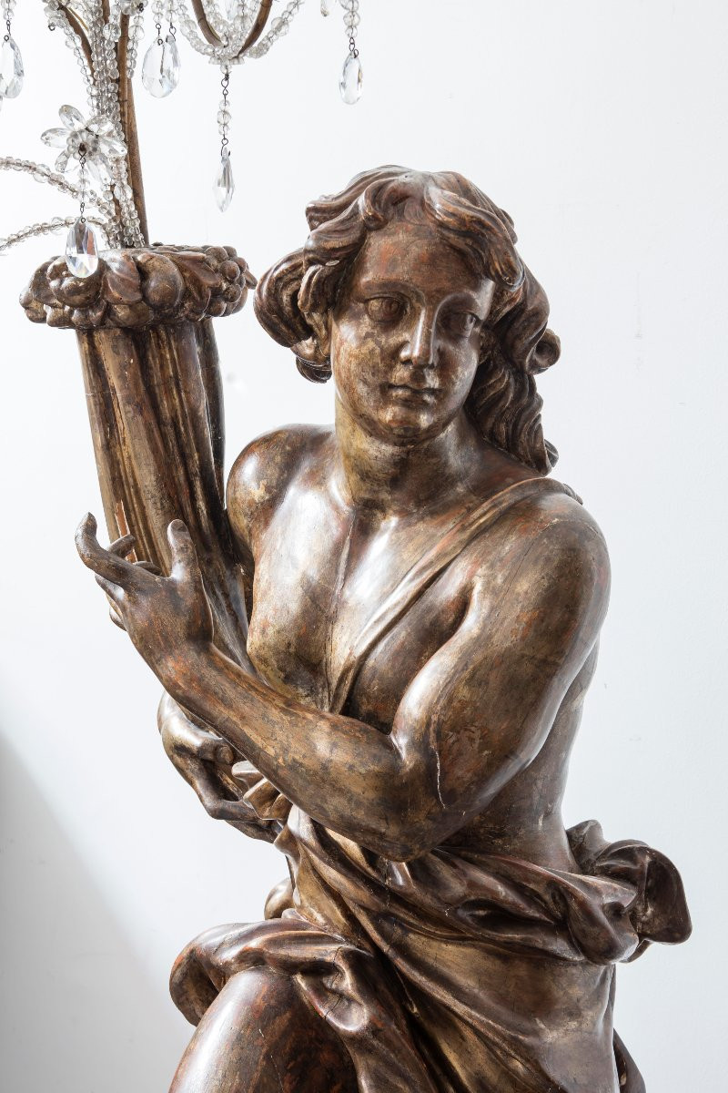 Italian Sculptor Of The 17th Century, Pair Of Carved And Gilded Wood Candlesticks-photo-3