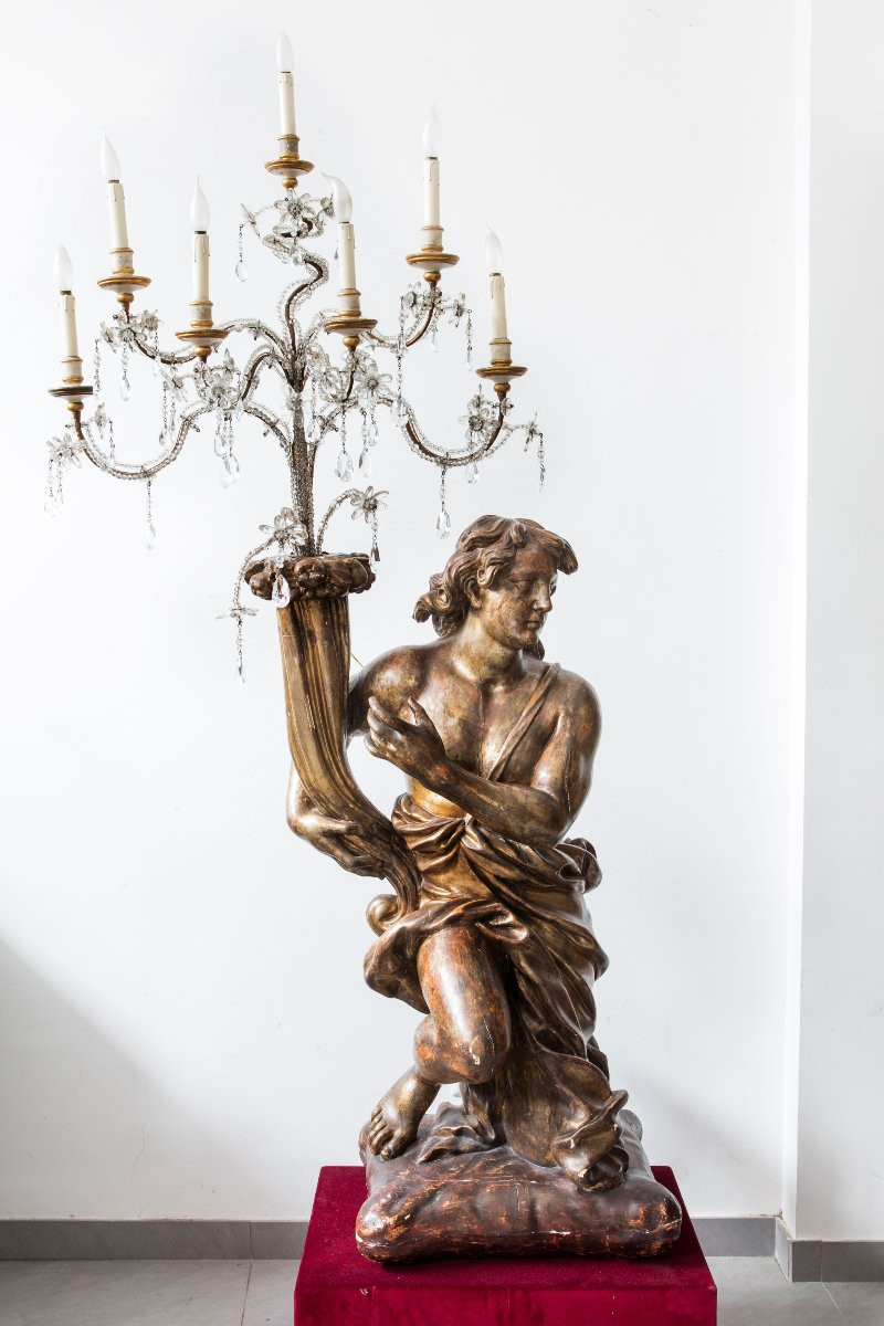 Italian Sculptor Of The 17th Century, Pair Of Carved And Gilded Wood Candlesticks-photo-4