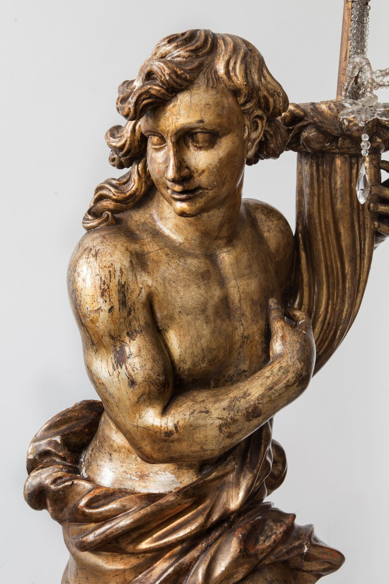 Italian Sculptor Of The 17th Century, Pair Of Carved And Gilded Wood Candlesticks-photo-2