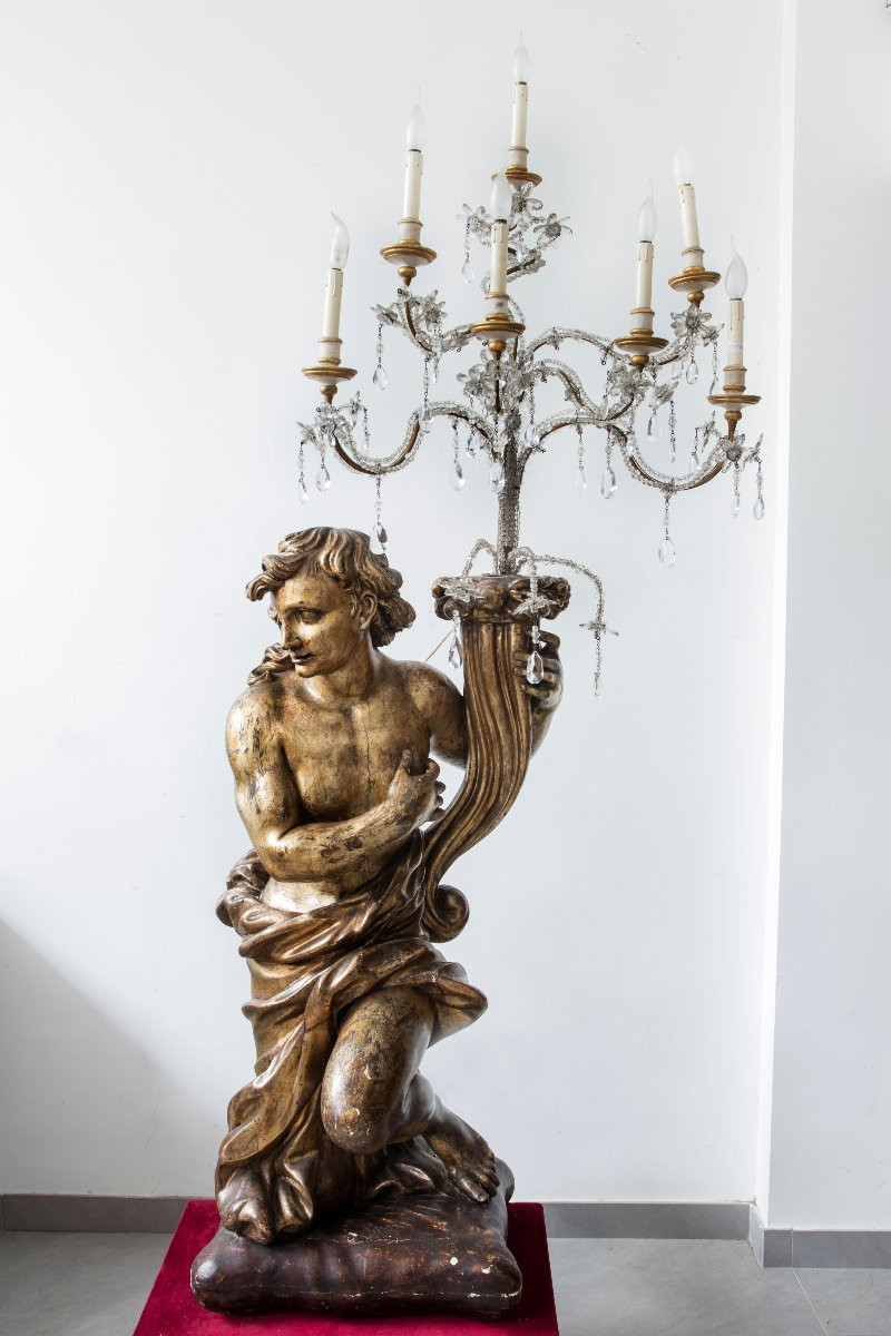 Italian Sculptor Of The 17th Century, Pair Of Carved And Gilded Wood Candlesticks-photo-3