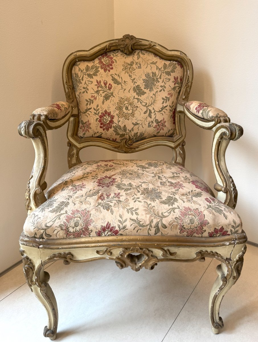Two Armchairs In Lacquered And Gilded Wood, Lombardy, 18th Century-photo-4