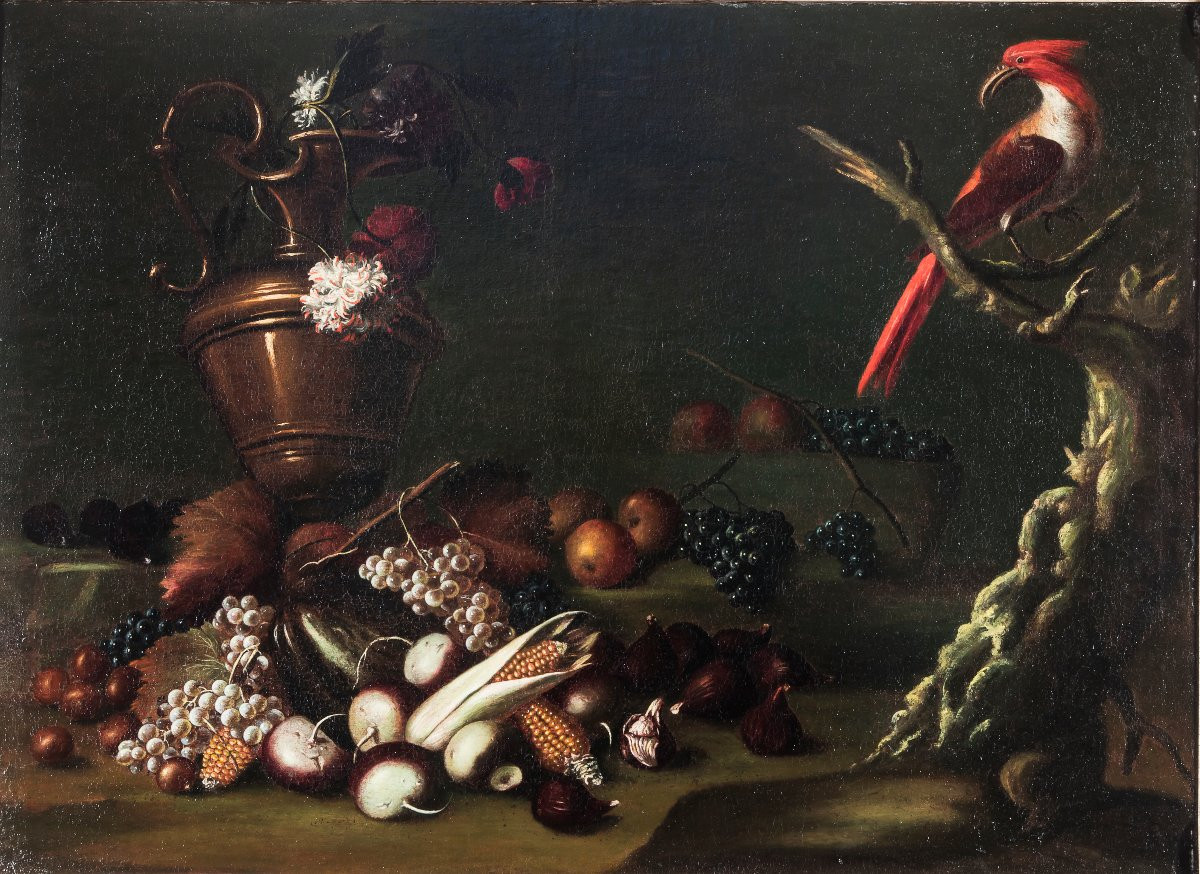 Carlo Antonio Crespi, "still Life With Fruit, An Amphora And A Parrot"-photo-1