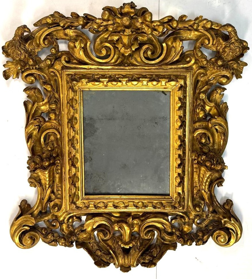 Carved, Engraved And Gilded Wooden Mirror, Tuscany, Early 18th Century