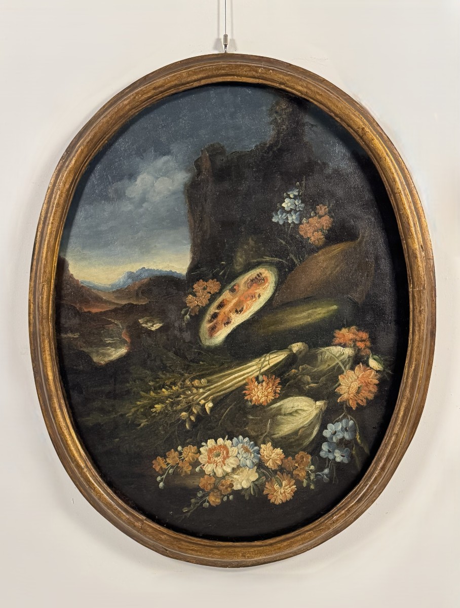 Anonyme, XVIIIe siècle  Nature morte aux pastèques et aux fleurs