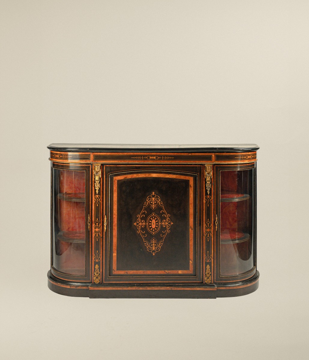 Sideboard In Ebonized Wood And Inlaid With Different Woods, England, 19th Century