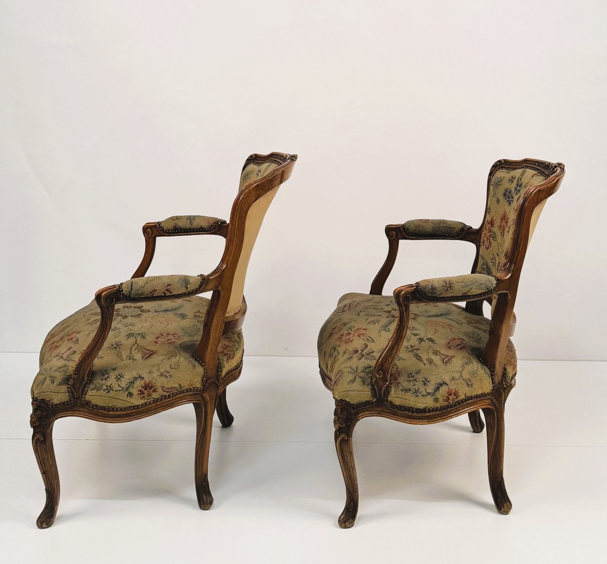 Pair Of Walnut Armchairs, Louis XV Style, 20th Century-photo-2