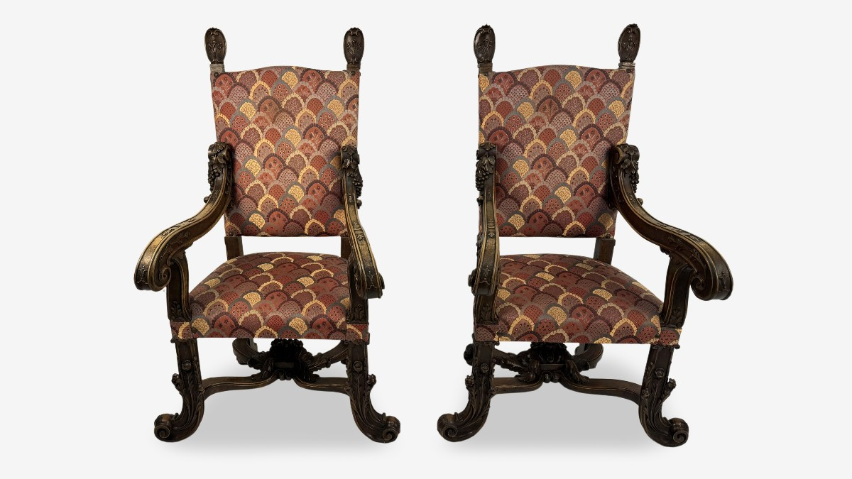 Pair Of Large Armchairs, Walnut, 20th Century, In The Brustolon Style