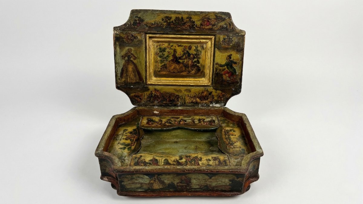 Wooden Box Lacquered In Polychrome And Arte Povera, Venice, 18th Century-photo-3