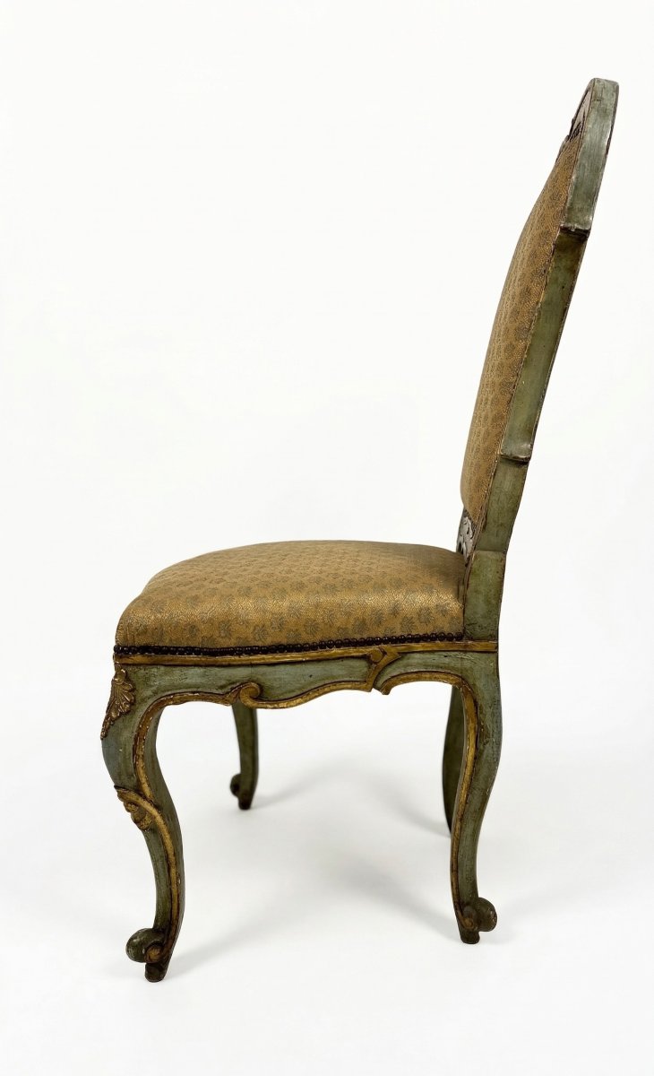 Set Of Nine Green Lacquered Wooden Chairs With Gold Trim, 18th Century-photo-1