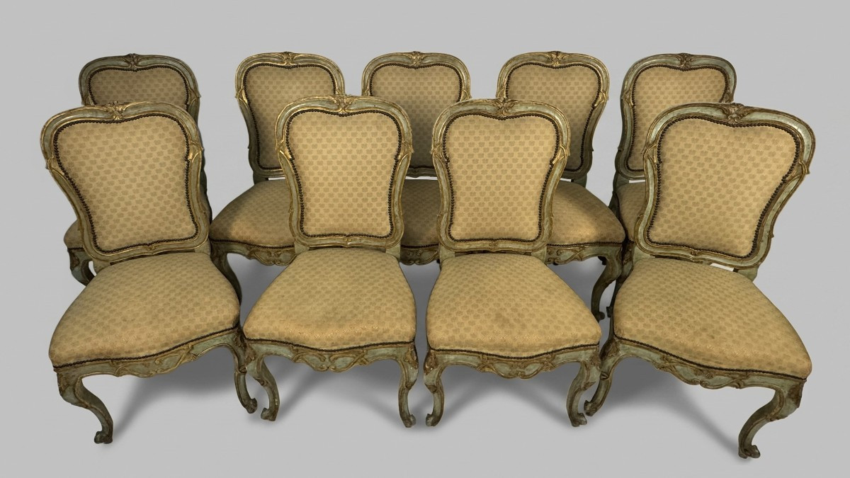 Set Of Nine Green Lacquered Wooden Chairs With Gold Trim, 18th Century