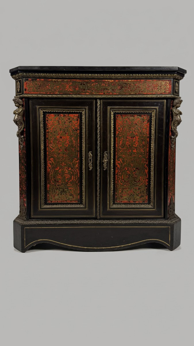 Sideboard With Tortoiseshell And Boulle-style Brass Inlay And Ebonized Wood, Late 19th Century
