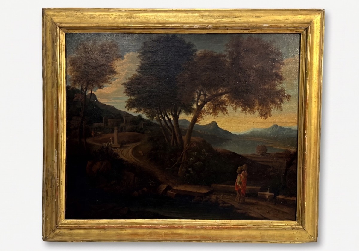 Anonyme, XVIIIe siècle, Paysage avec personnage et lac en arrière-plan