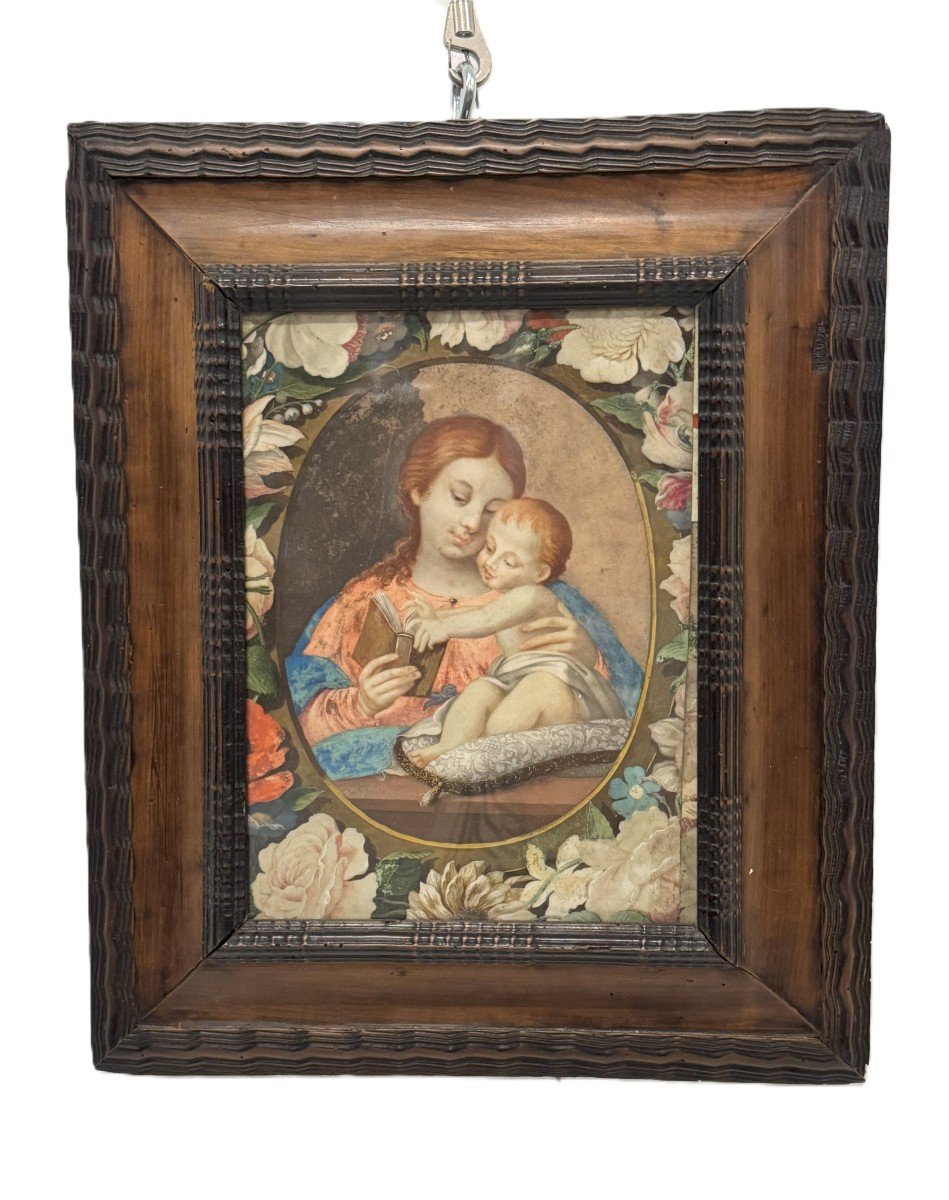 Anonyme, XVIIIe siècle, Vierge à l'Enfant dans une guirlande de fleurs