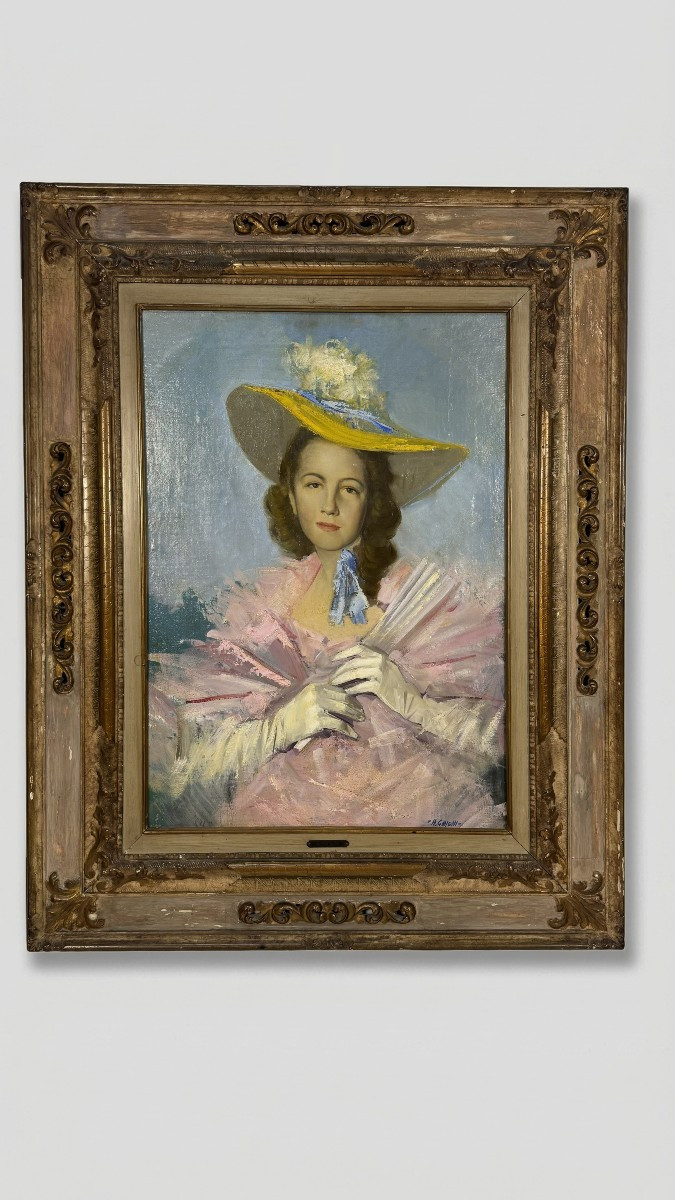 Adriano Gajoni (Milan, 1913 - Milan, 1965) Portrait d'une dame au chapeau et à l'éventail