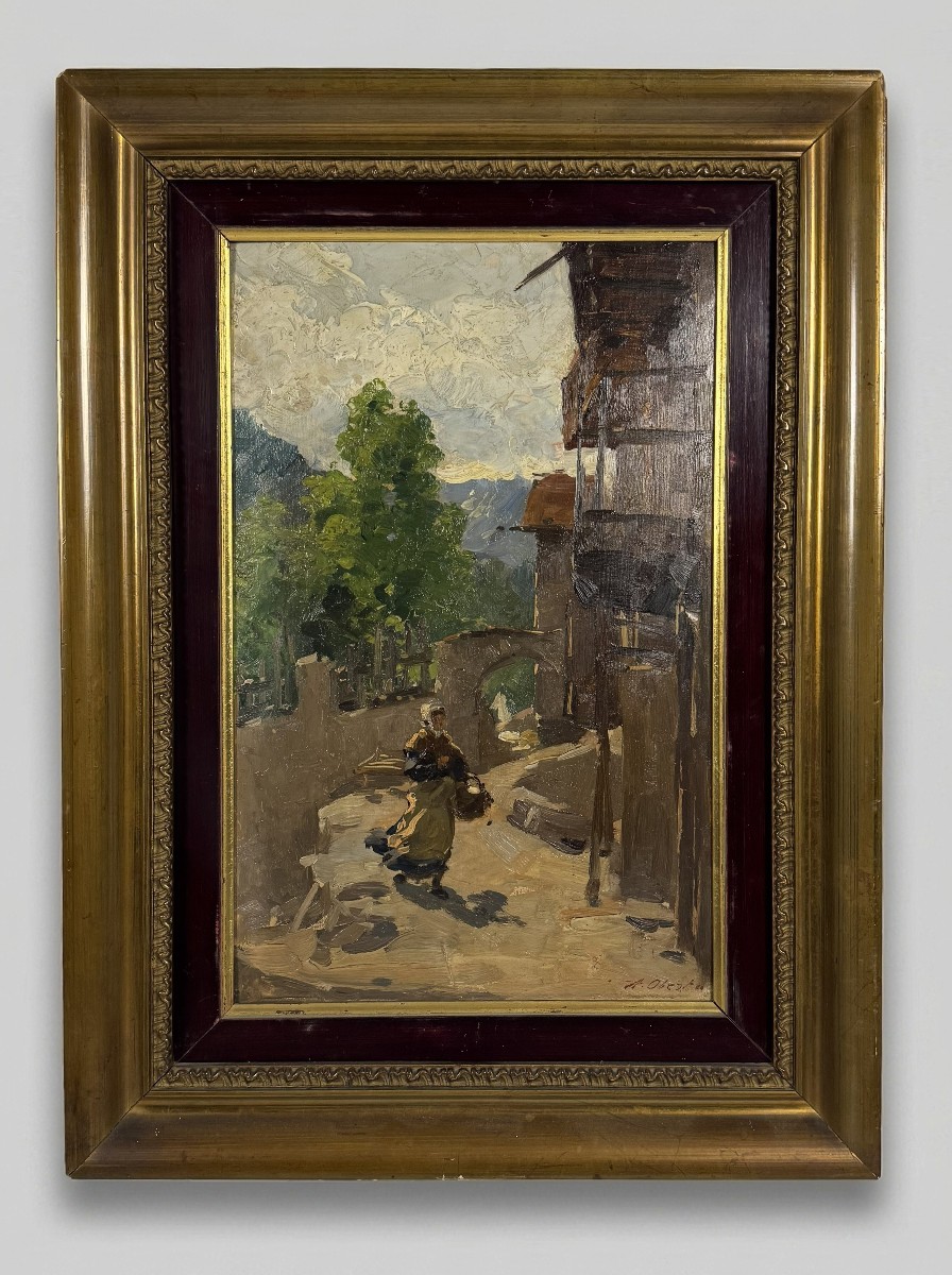 Antonio Oberto  Village Scene With A Peasant Woman