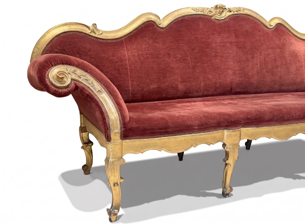 Sofa With Carved And Gilded Wooden Arms, Lombardy, 18th Century-photo-4