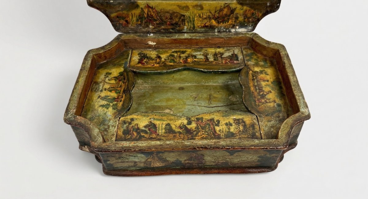 Multicolored Lacquered Wooden Box In The Arte Povera Style, Venice, 18th Century-photo-2
