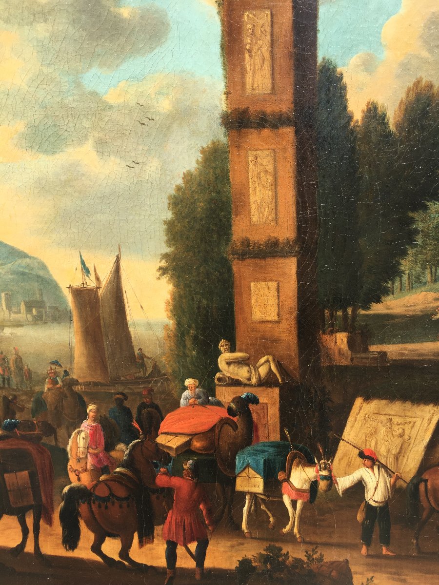 Anonyme Flamand du XVIIIe siècle, "Vue du port avec obélisque"-photo-3