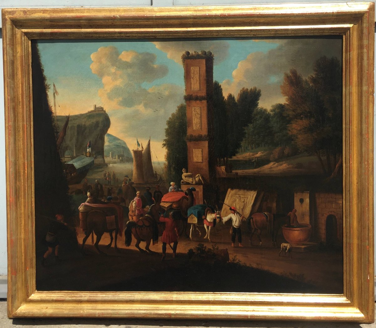 Anonyme Flamand du XVIIIe siècle, "Vue du port avec obélisque"