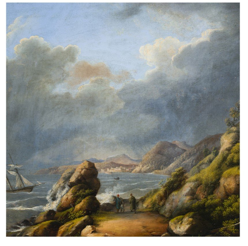 19th-century French School, "seascape With A Sailing Ship And Figures"-photo-3