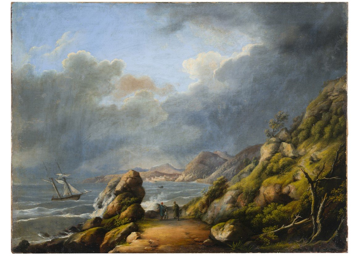 19th-century French School, "seascape With A Sailing Ship And Figures"