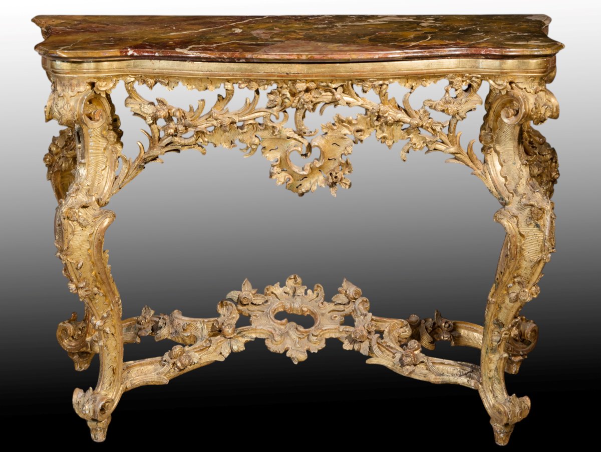 Carved, Inlaid, And Gilded Wooden Console Table, Genoa, Mid-18th Century-photo-2