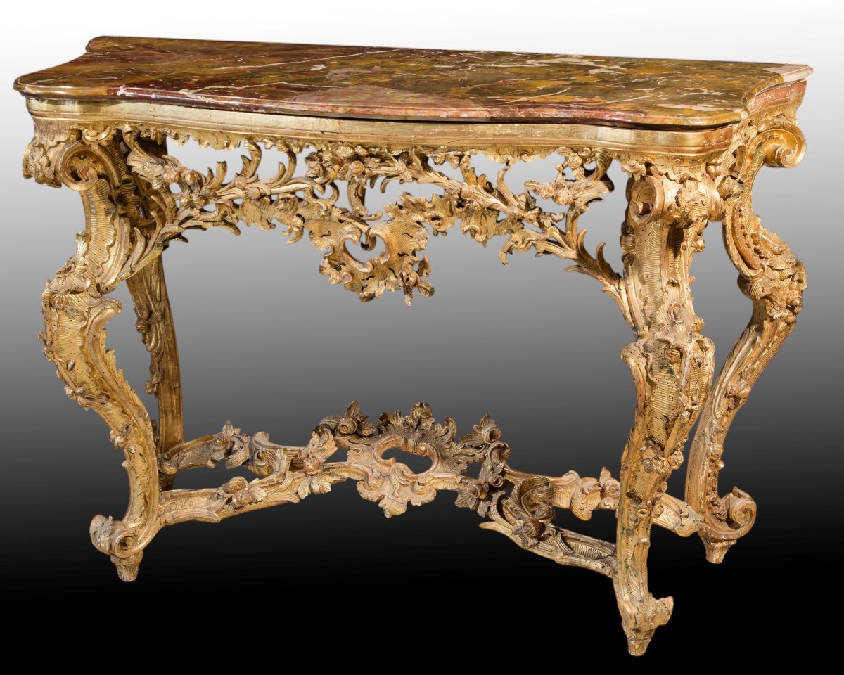 Carved, Inlaid, And Gilded Wooden Console Table, Genoa, Mid-18th Century
