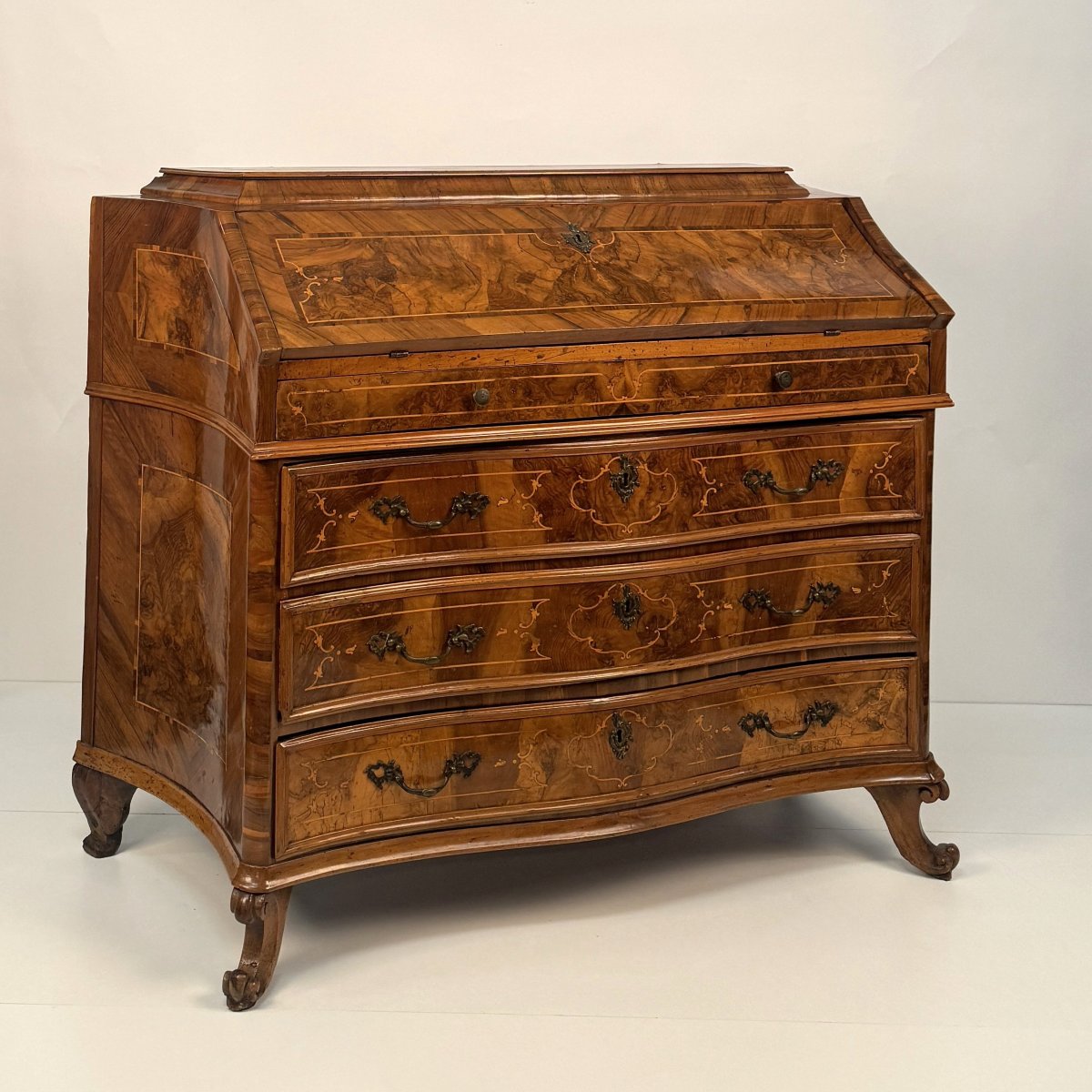 Flip-front Chest Of Drawers With Walnut And Walnut Burl Veneer, Lombardy (brescia), 18th-photo-1
