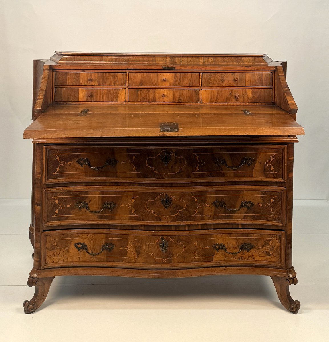 Flip-front Chest Of Drawers With Walnut And Walnut Burl Veneer, Lombardy (brescia), 18th-photo-2