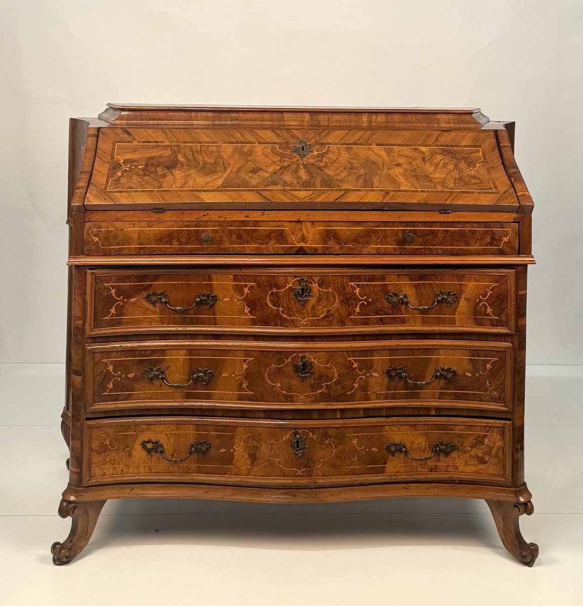 Flip-front Chest Of Drawers With Walnut And Walnut Burl Veneer, Lombardy (brescia), 18th