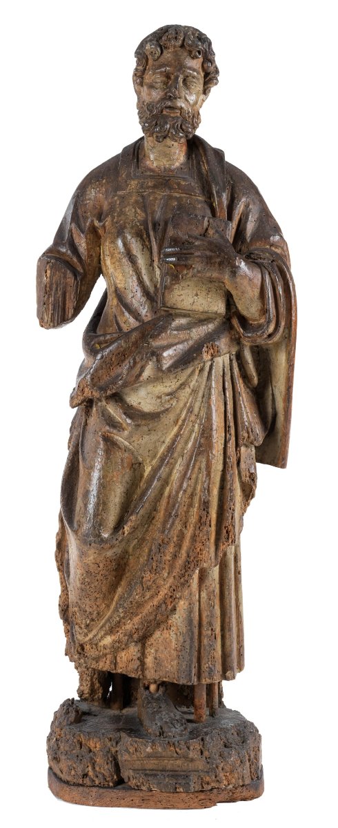 Sculpture en bois d'un sculpteur du XVIIe siècle représentant un Saint à la Bible 