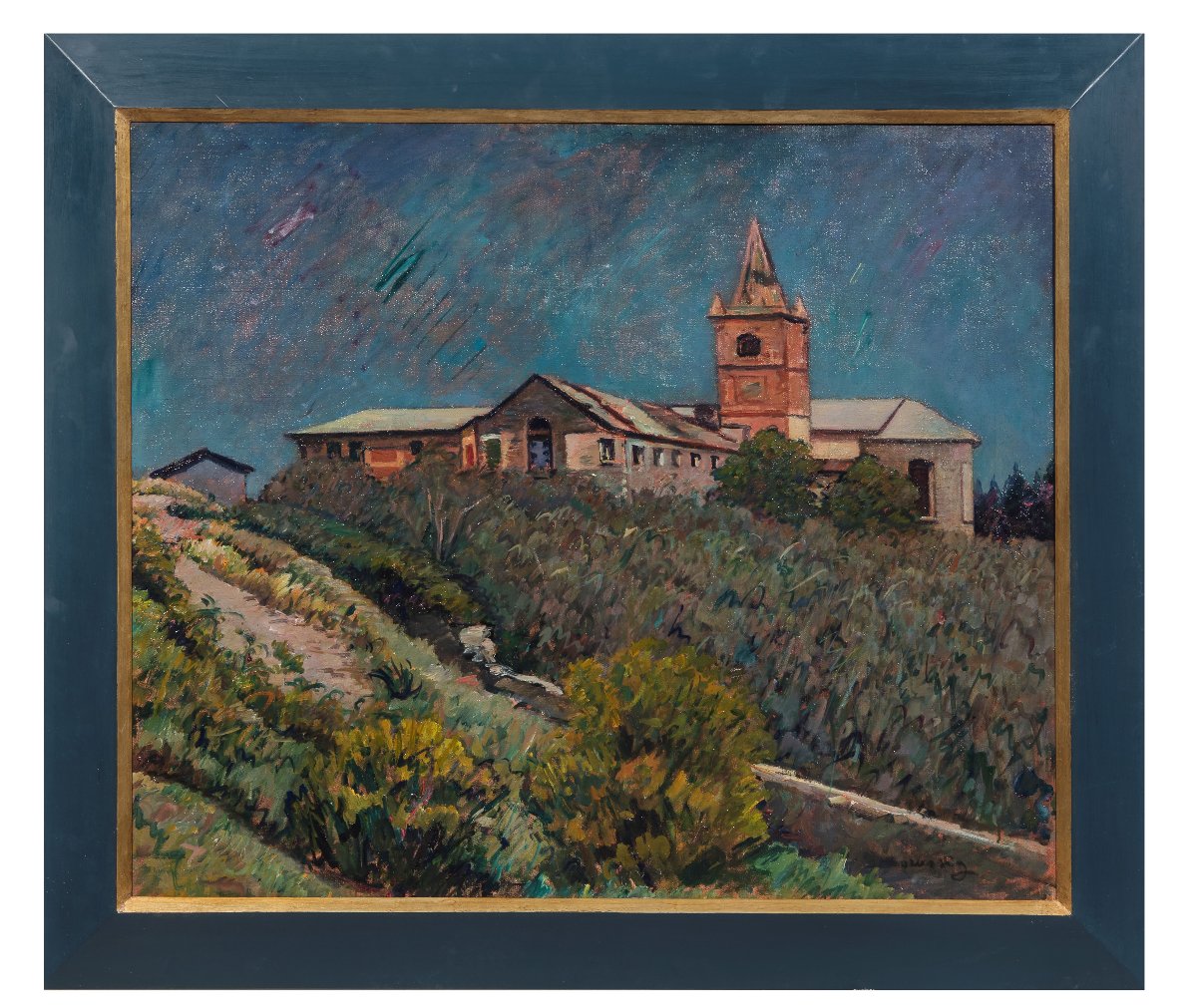 PIERO MARUSSIG, Sturla, paysage de collines avec un clocher, vers 1929