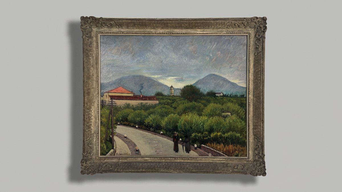 Piero Marussig, Hilly Landscape With A Road And Two Figures, 1930s