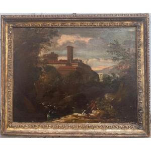 18th Century Roman School, "landscape With Village And Fishermans"