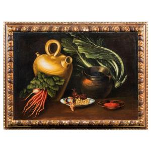 Peintre Des XVIIIe-XIXe Siècles , A) B) nature Morte Aux Pois Chiches Et Légumes