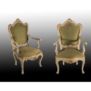 Pair Of Armchairs In Carved And Lacquered Wood, Venice, 18th Century