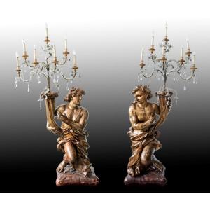 Pair Of Carved And Gilded Wood Candlesticks Made By An Italian Sculptor Of The 17th Century