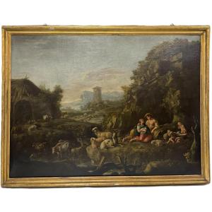 Giuseppe Tassoni (1653 -1737) "Paysage Avec Troupeaux Et Famille De Bergers"