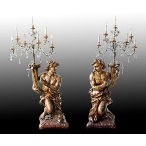 Italian Sculptor Of The 17th Century, Pair Of Carved And Gilded Wood Candlesticks