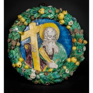 Santi Buglioni Tondo In Terracotta Depicting Saint Andrew Within A Crown Of Fruits And Flowers