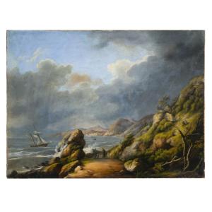 French School Of The 19th Century "marina With Sailing Ship And Figures"