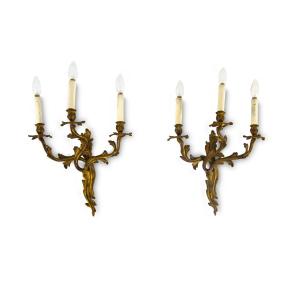 Pair Of Louis XV-style Gilded Bronze Wall Lamps, 20th Century