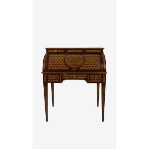 A Central Roller Desk Veneered In Various Woods, France, 20th Century