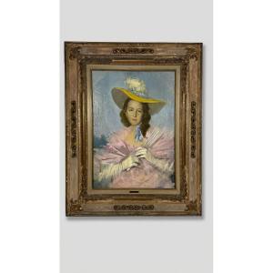 Adriano Gajoni Portrait Of A Lady With A Hat And A Fan