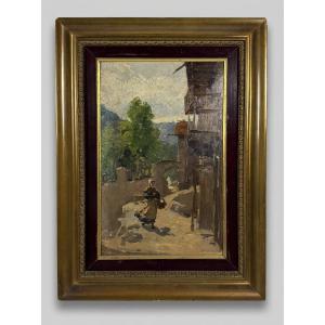 Antonio Oberto , Vue d'un village avec une paysanne