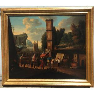 Anonymous Flemish Artist Of The 18th Century, "view Of A Harbor With An Obelisk"